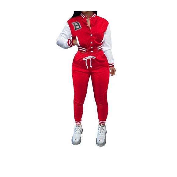 Lojoutye Pants - Vibrant Red and White Varsity Jumpsuit